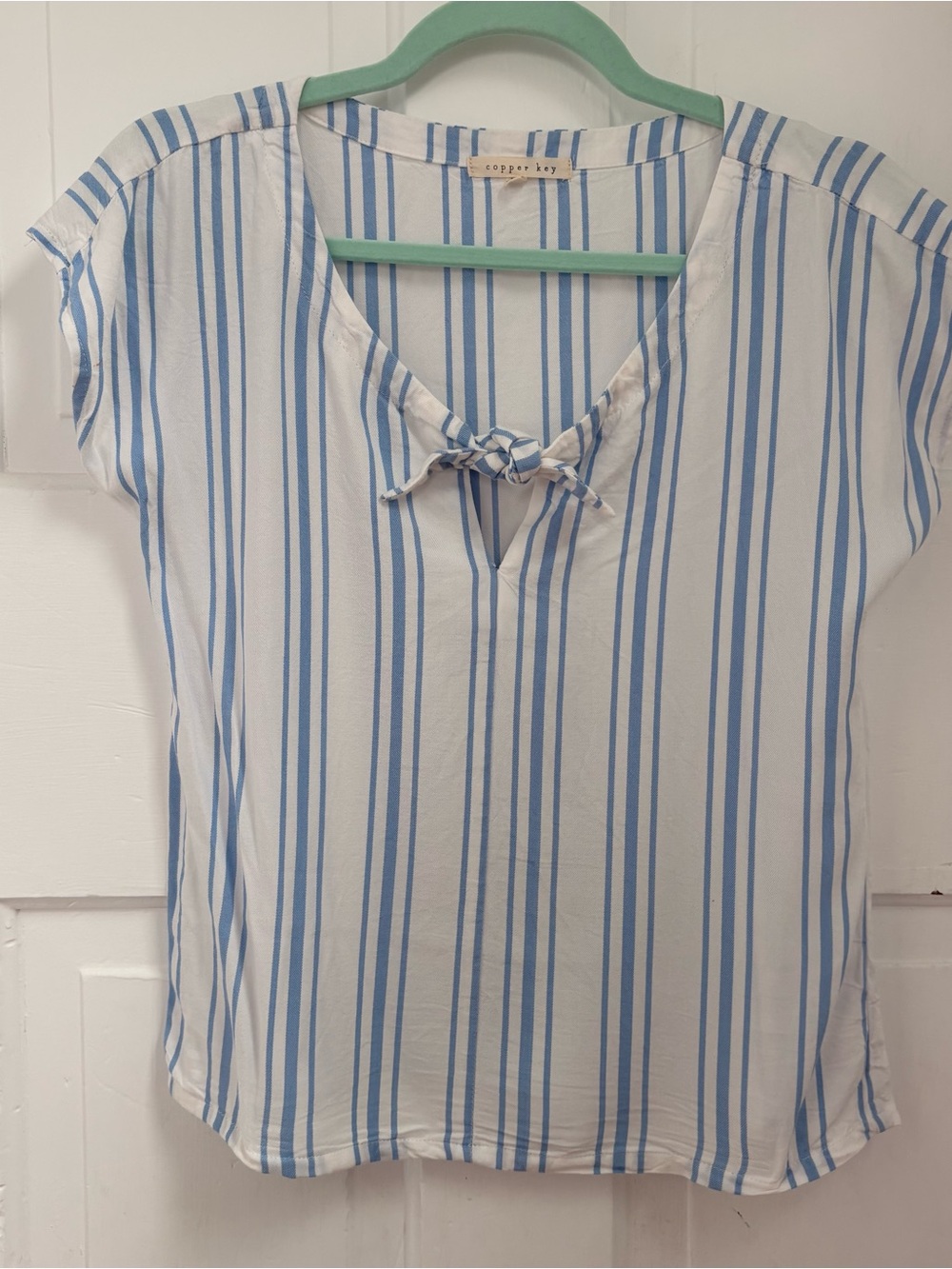 Copper Key Blue and White Striped Tie-Neck Blouse